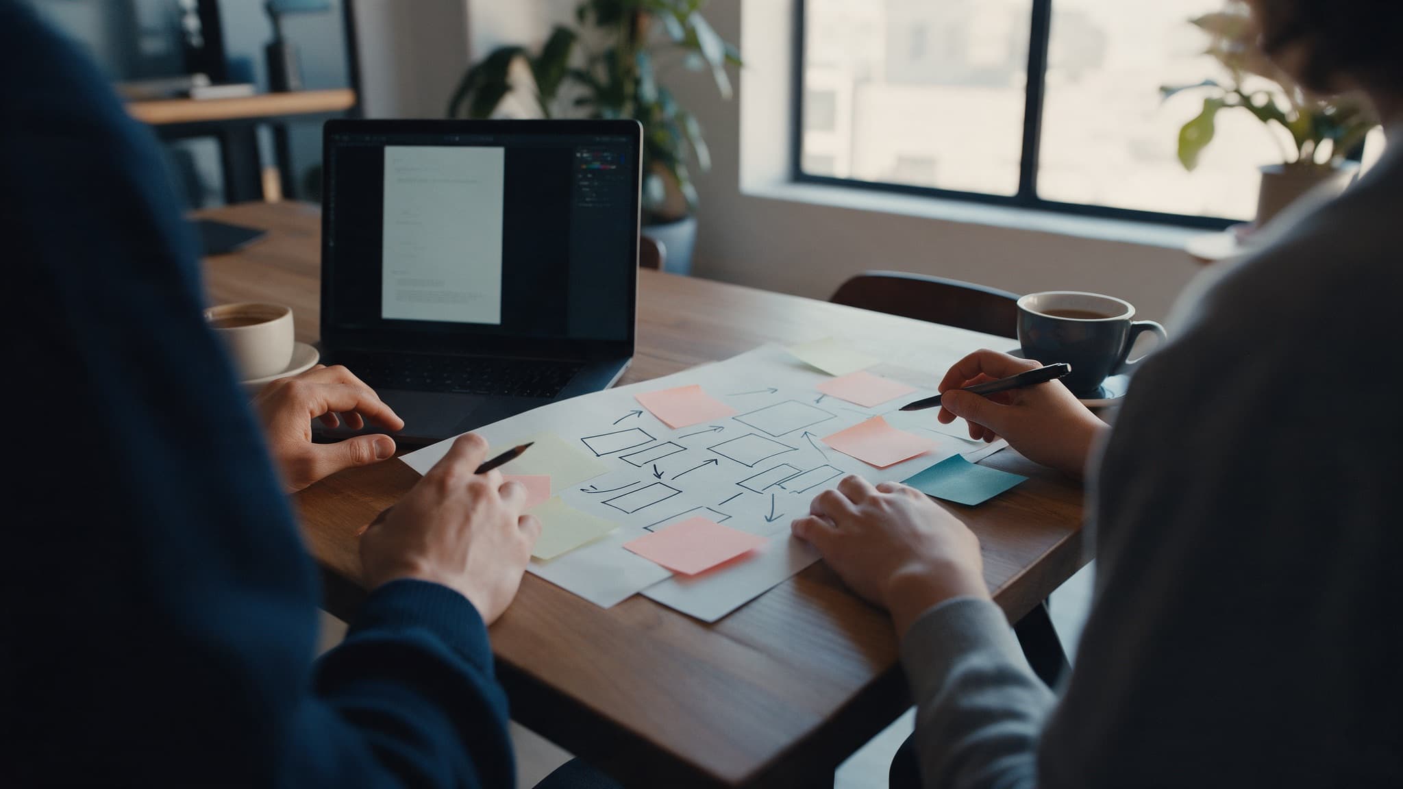 Two people planning a project at a table, with a process sketch and sticky notes